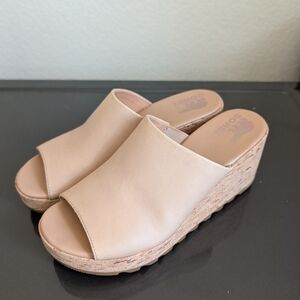 Sorel Cameron Cork Wedge Heel Slip On Sandals Leather Tan Beige Shoes Size 10